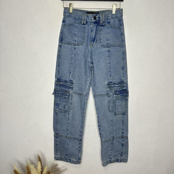Lioness‎ The Stacey Cargo High Rise Straight Leg Jeans XS Medium Wash Denim - Picture 1 of 12